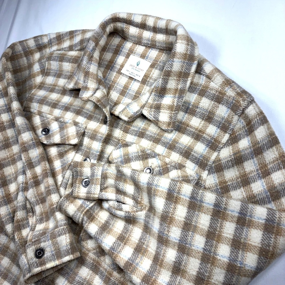 Jade & Ivory Plaid Women's Shacket Large Tan Cream Pocketed  Button Shirt Jacket